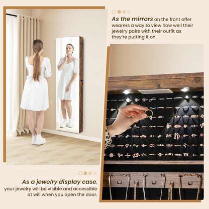 NAFORT 2 LEDs Full Length Mirror with Jewelry Armoire, Jewelry Organizers and Storage with 2 Mounting Options, 47.5”H Jewelry Cabinet with 2 Drawers, Make up & Lockable Jewelry Box, Rustic Brown
