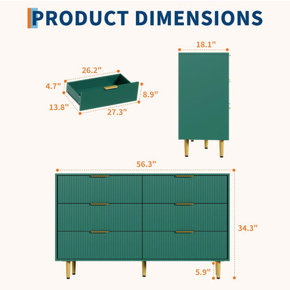 Garvee 56" Wide Fluted Dresser for Bedroom with 6 Drawers, Wooden Chest of Drawers with Gold Metal Handle & Feet, Fluted Dresser for Living Room, Hallway, Bedroom, Green