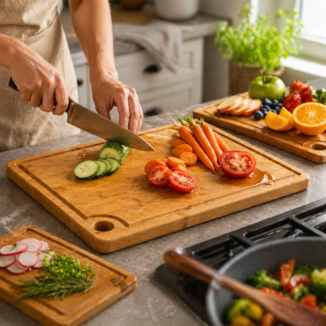 VNAM Bamboo Cutting Board Set of 3 for Kitchen, Wooden Chopping Boards with Juice Groove & Easy-Grip Handle, 9x6 12x8 15x10 Inch