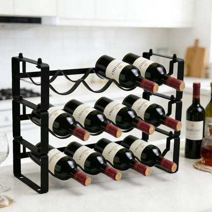 HRUSGO Wine Rack for Countertop – Stackable Freestanding Bottle Organizer for Kitchen, Pantry, Bar Cabinet & Small Spaces – Compact Metal Shelf & Modular Storage Stand (3-Tier)