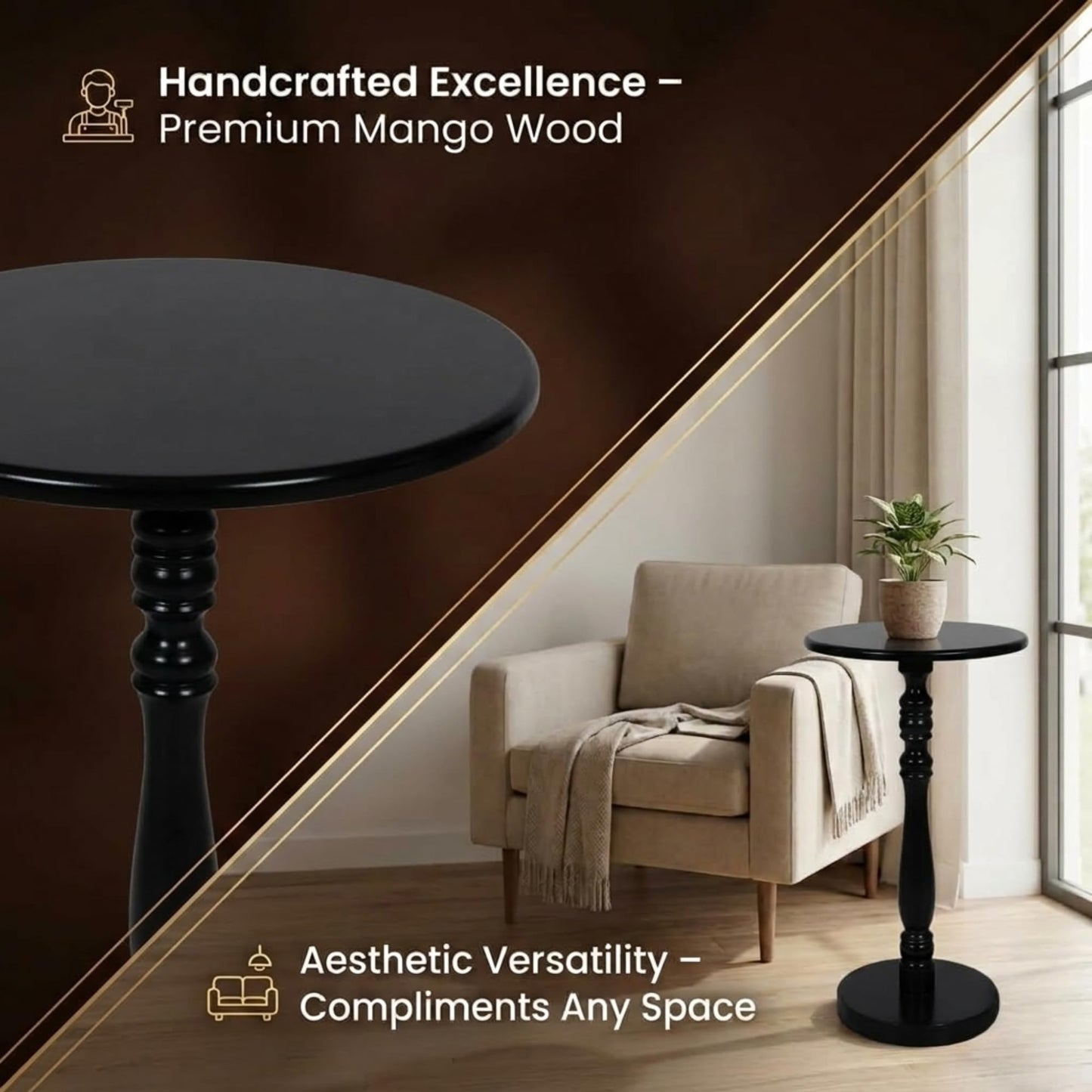 Relso Stambha Solid Wood Drink Table - 24" Tall Round Accent Side Table, Handcrafted Black Finish, Mango Wood, Perfect for Living Room, Bedroom or Indoor Plant Stand, 12" Compact Top