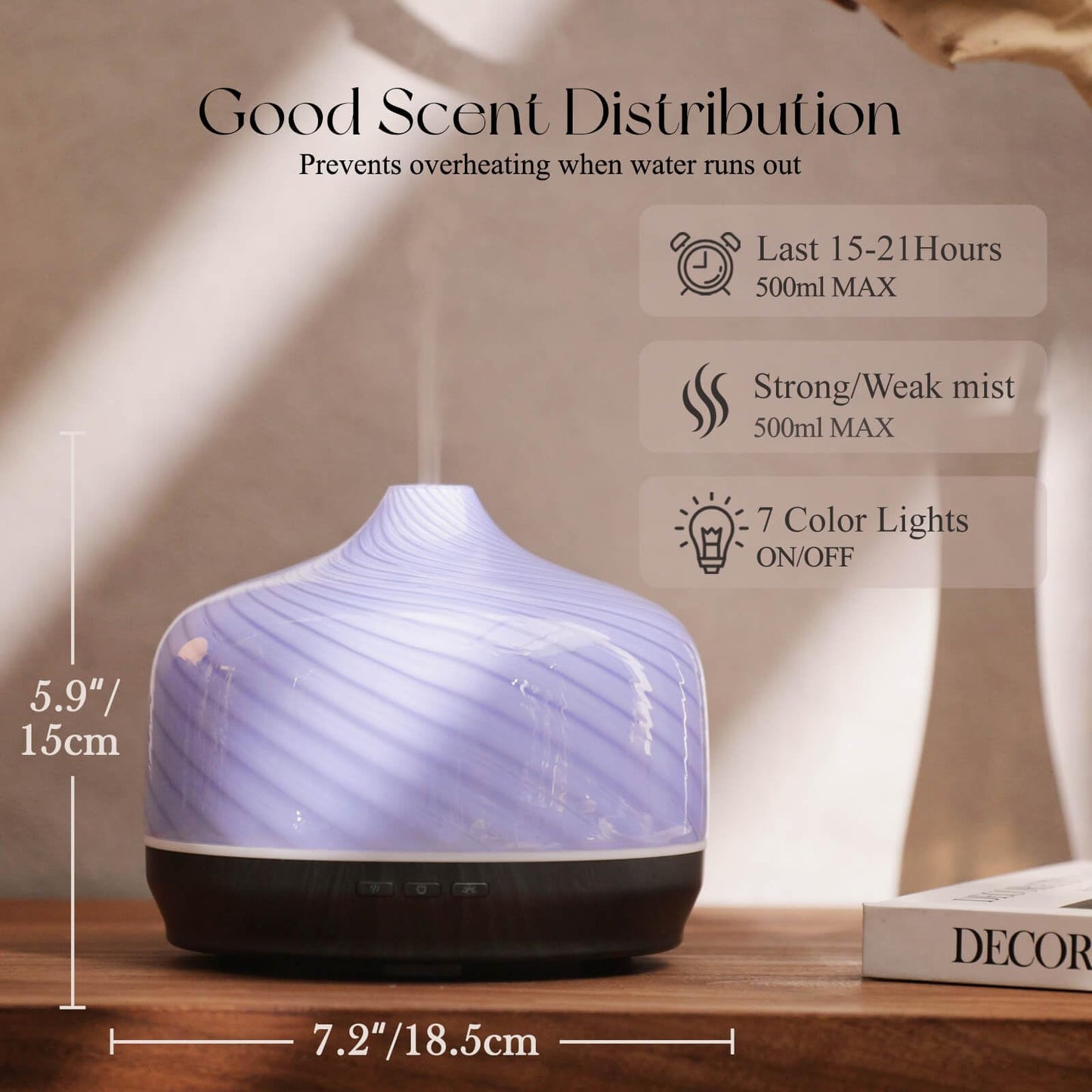 Porseme 500ml Essential Oil Diffuser, Aroma Ultrasonic Humidifier with Remote Control, BPA Free, Auto Shut-Off, Timer Setting for Large Room Sleeping Yoga