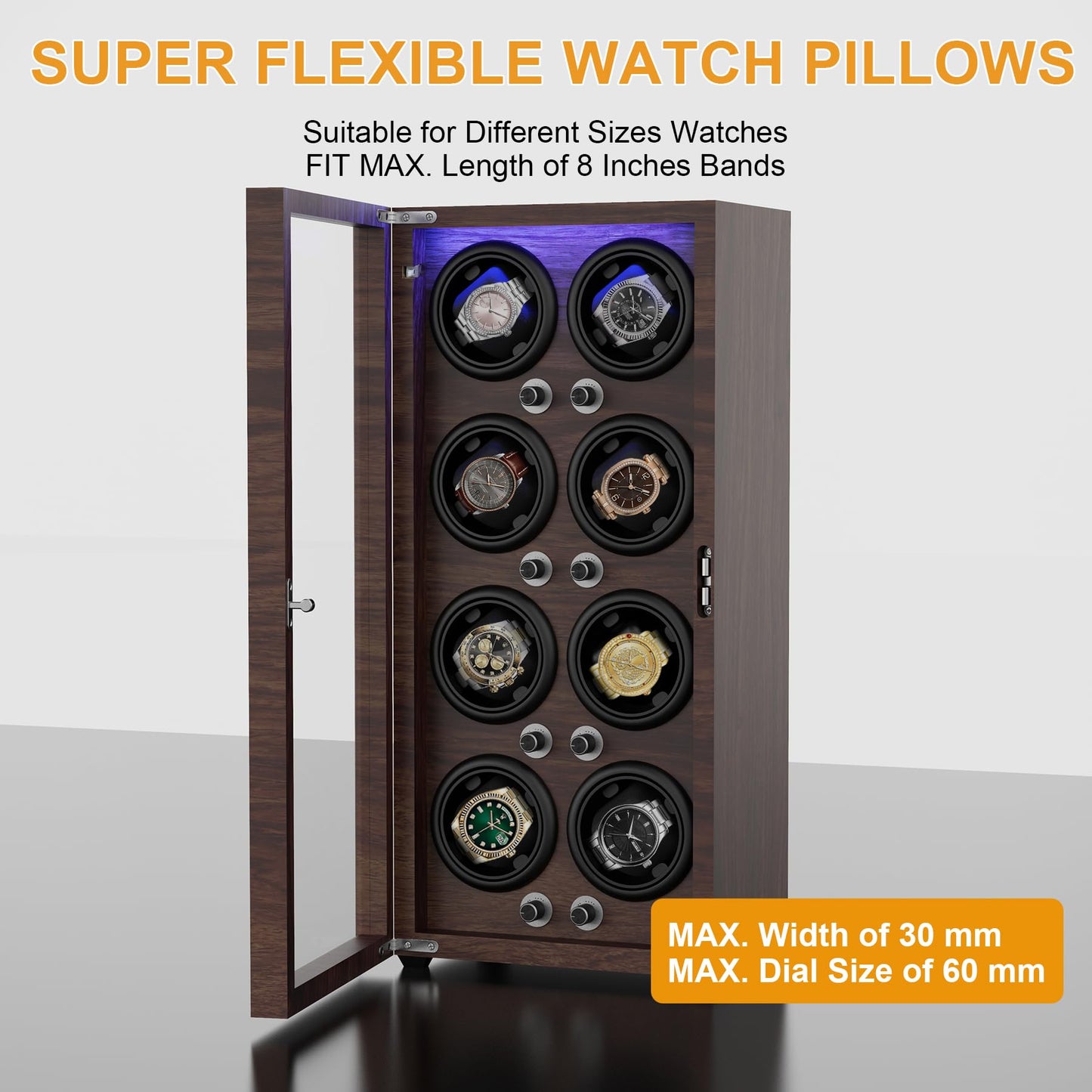Domivans Watch Winder for Automatic Watches,8 Wooden Watch Rotating Case with LED Light,4 Rotation Modes, Elastic Watch Pillows Quiet Mabuchi Motor
