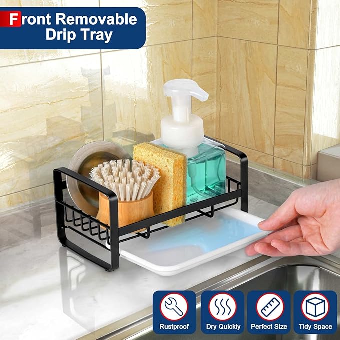 HULISEN Kitchen Sink Sponge Holder, 304 Stainless Steel Kitchen Soap Dispenser