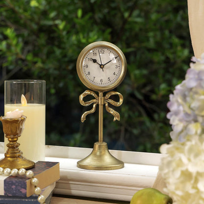 NIKKY HOME Small Gold Bow Table Clock, Silent Elegant Mantel Decor