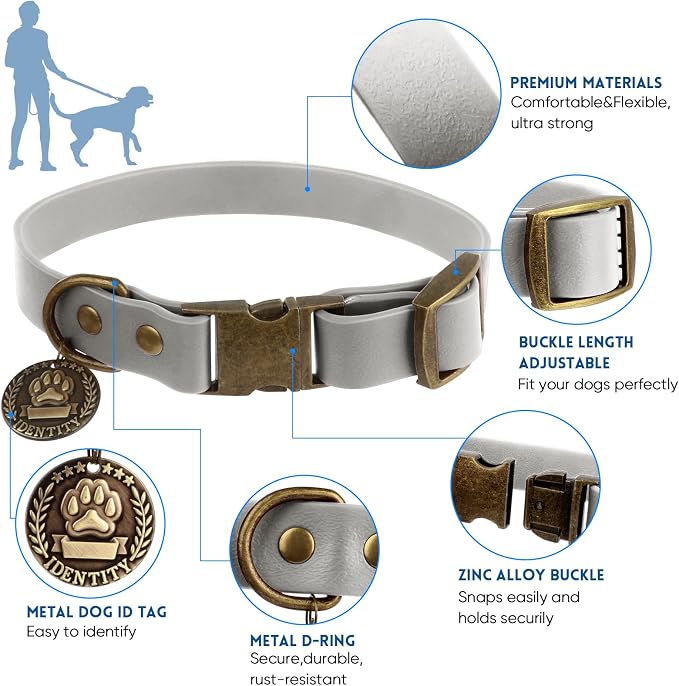 Wisedog Waterproof Dog Collar and Leash Set, Grey, S | Adjustable Puppy Collar, Cute Tag, 4FT Dog Leash, Poop Bag Included, Small Medium Large Dogs