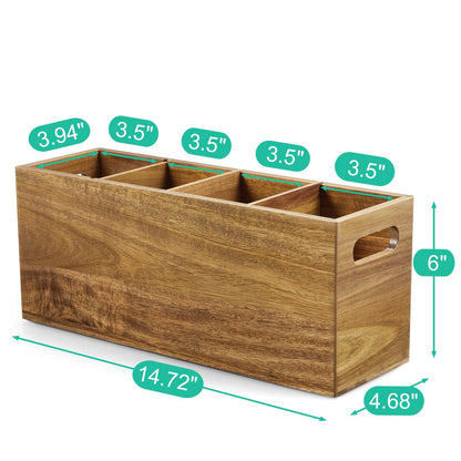 ALELION Acacia Wood Utensil Holder with Removable Divider - 4 Compartment Wooden Utensil Caddy Organizer for Kitchen Counter - Cooking Utensil Crock for Countertop