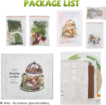 Hanging Garden Miniature House Kit, Wooden Dollhouse with LED & Furniture