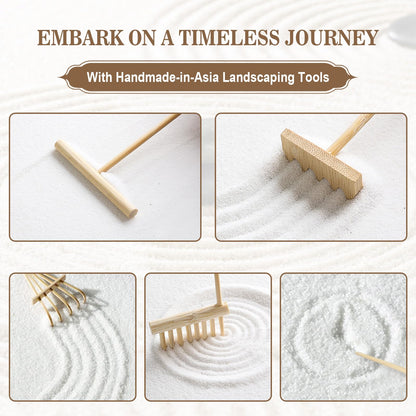 Zen Garden for Desk Decor - Premium Beautiful Japanese Mini Zen Sand Garden Kit Box for Home, Office Desk with Black Wooden Tray, White Sand, Tools, Red Gate, Buddha - Desktop Set