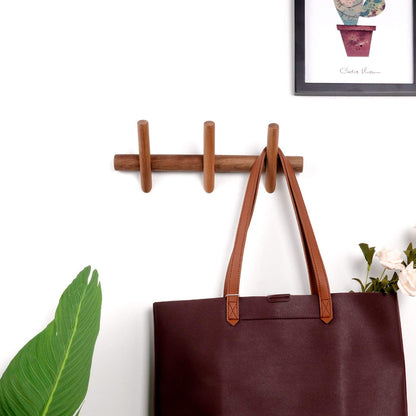 YOYAI Wood Coat Hooks Wall Mounted Hat Rack Tower Hanger Wall Hooks Decorative Hanger with Pegs Entryway Bedroom Bathroom（Black Walnut，3 Hooks）
