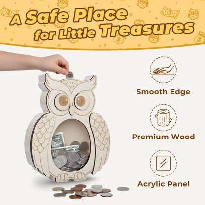 Owl Piggy Bank for Kids, Paint Your Own DIY Owl Bank with Clear Window, Wooden Savings Box for Coins and Bills, Room Decor Gift