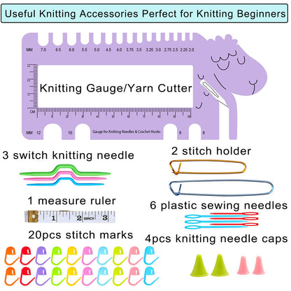 LOOEN Bamboo Knitting Needles Kit 36 Pcs Single Pointed Bamboo Knitting Needles 2.0 mm-10.0 mm + Weaving Tools Knitting Kits (Grey)