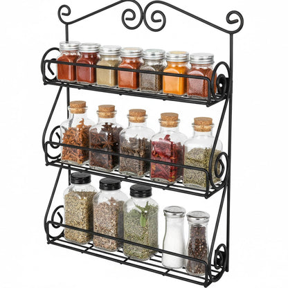 FitWell Scroll Wall Mount Spice Rack, 3-Tier, Traditional Spice Rack Cabinet & Kitchen, Beauty & Nail Polish Organizer for Bathroom, Scroll Wall-Mounted (Black)