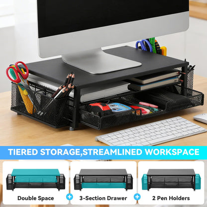 2-Tier Monitor Stand with Drawer, Laptop Stand with Storage for Desk, Heavy Duty Iron Computer Stand Riser & Desk Organizer with Drawers, Home Office Mesh Shelf for Monitor up to 32 Inch (Black)