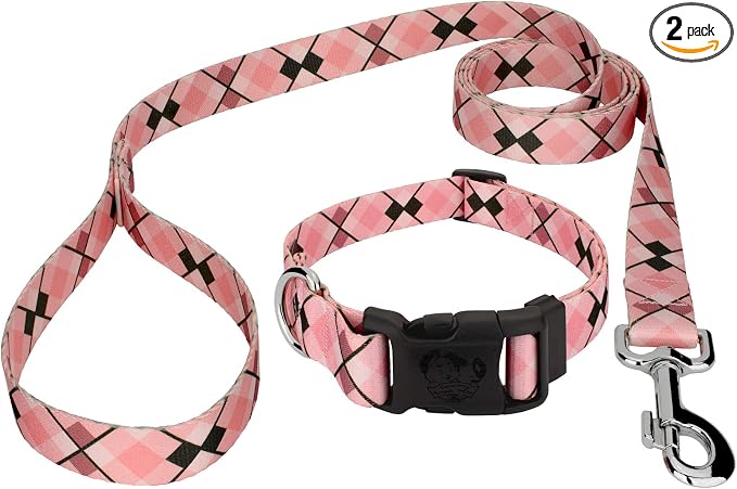 Country Brook Petz - Pink and Brown Argyle Everyday Dog Collar and Leash Limited Edition - Plaid and Argyle Collection Featuring Charming Designs (1/2 Inch, 2XS)