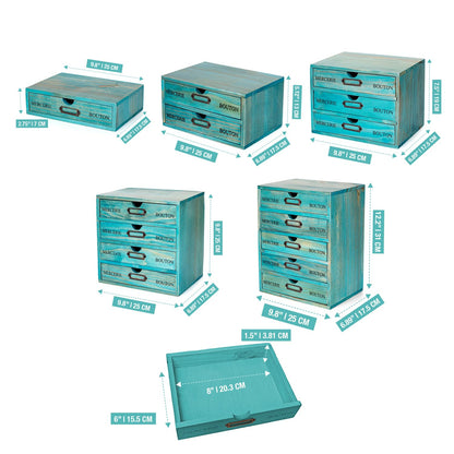 5-piece Full Matching Set Turquoise Wooden Cabinets,European Country Style Desk Organizer Boxes,Multi-level Teal Wooden Stackable Drawers,Countertop Organizer Drawers w/ Label Holder,Desktop Chests