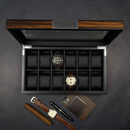 Lifomenz Co 12 Watch Box for Men Watch Display Case Wood Luxury Watch Box with Large Glass Window,Watch Organizer Box with Ultra Smooth PU Leather Interior