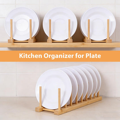 Leooomap 8-Slot Bamboo Wooden Plate Rack, Dish Drying Rack & Pot Lid Holder Stand, Kitchen Cabinet Organizer for Bowls, Cups, Cutting Boards