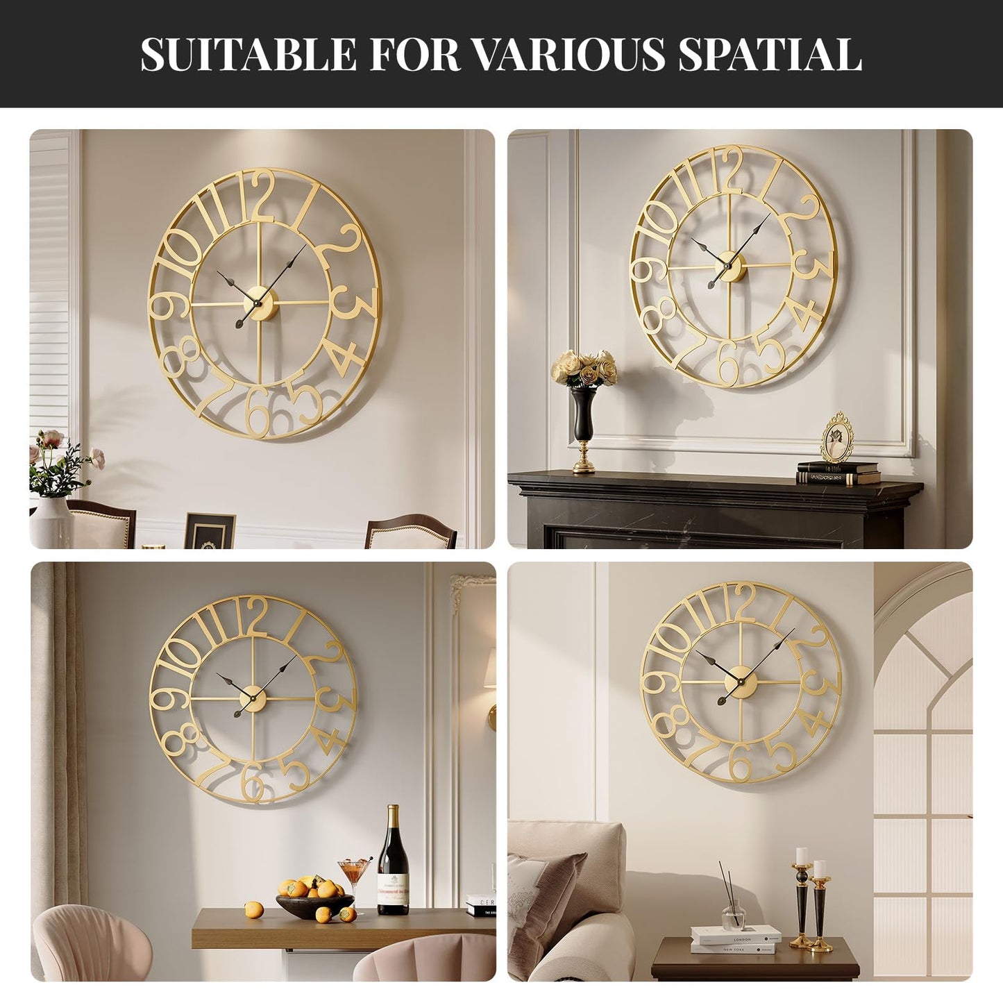 Large Wall Clock Gold Clocks for Living Room, 24 Inch Decorative Wall Clocks Battery-Operated, Modern Metal Round Clock Silent Non Ticking for Kitchen Mantel Bedroom Office Decor, Arabic Numerals