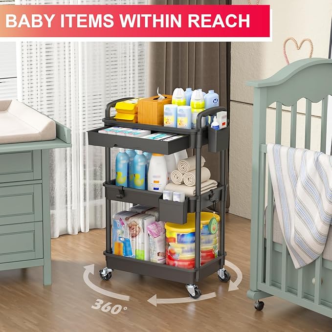 Goovilla 3 Tier Rolling Utility Cart Organizer with Removable Drawer, Stable and Sturdy Black Rolling Storage Carts with 2 Lockable Wheels for Bathroom, Kitchen, Snack, Craft, Makeup, Baby Essentials