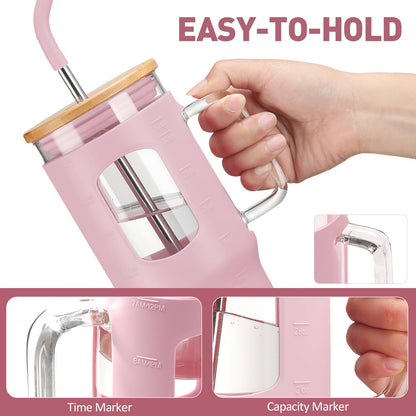 WINSA Glass Tumbler with Straw and Lid, 32 oz Glass Cup with Handle, Glass Water Bottles with Time Marker, 2 Straws - Pearl Straw & Drinking Straw Silicone Protective Sleeve-Pink