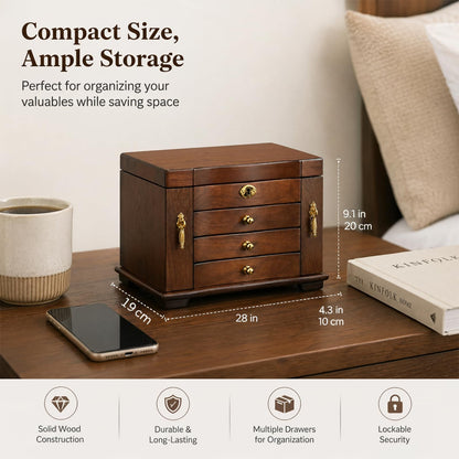 GuaziV Wooden Jewelry Box for Women – 4-Layer Jewelry Organizer with Mirror & Lock, Ring Holder, Necklace Hooks, Earring Board, Large Jewelry Storage Chest for Rings Earrings Necklaces Bracelets