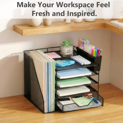 Gugsey Desk Organizers and Accessories, 5-Tier Paper Letter Tray Organizer with File Holder, Drawer & Pen Holder, Office Desk Accessories, Desktop Organizer for Classroom Office Supplies, Black
