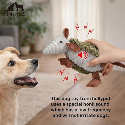 Hollypet Plush Dog Squeaky Toy Stuffed Armadillo Animal Pet Puppy Chew Toys with Clean Teeth for Small Medium Large All Breed Sizes Dogs, Olive Green, 8 in
