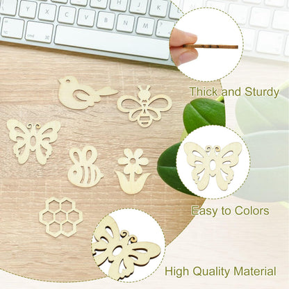 UR URLIFEHALL 200 pcs Random Wooden Spring Ornaments to Paint Blank Unfinished Flower Butterfly Bee Wood Cutouts for Crafts Hanging Decorations
