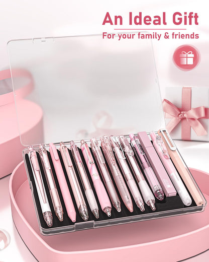 Four Candies Writing Ink Pens with Black & Pink Ink and 2Pack Highlighter, Cute Retractable 0.5mm Smooth Writing Pens,Pink Pens for School, Office Girly Stationery Aesthetic Desk Accessories Set of 14