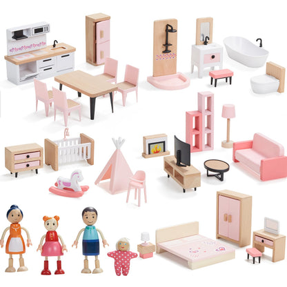 Giant bean 4 PCS Hand Made Rabbit Family Dolls, Wooden Dollhouse Furniture Set for Boys Girls & Toddlers 3Y+