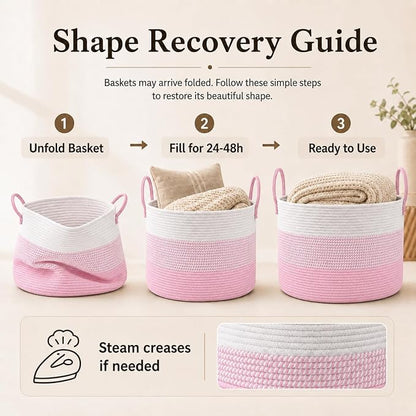 JMvicyroam 65L Extra Large Blanket Basket for Living Room - Woven Cotton Rope Laundry Hamper with Reinforced Handles - Storage Bin for Pillows, Comforters & Toys - Machine Washable,White&Pink Mix