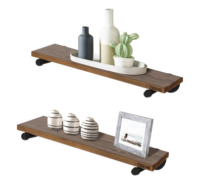 TEN49 Real Wood Rustic Floating Shelves Wall - 24 Wide Small Wooden Industrial Pipe Shelving - Farmhouse Pipe Wall Shelves Furniture Bathroom Decor Art Shelf Kitchen - Dark Espresso Color - Set of 2