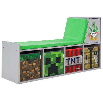 Minecraft: Storage Bench - Wooden Storage w/Cushioned Reading Shelf, 4 Themed Storage Cubes, Seating & Organization In 1, Game Theme Décor, Licensed