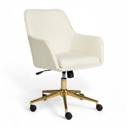 Martha Stewart Rayna Swivel Task Chair with Flared Arms for Home Office in Off White Fabric with Polished Brass Frame