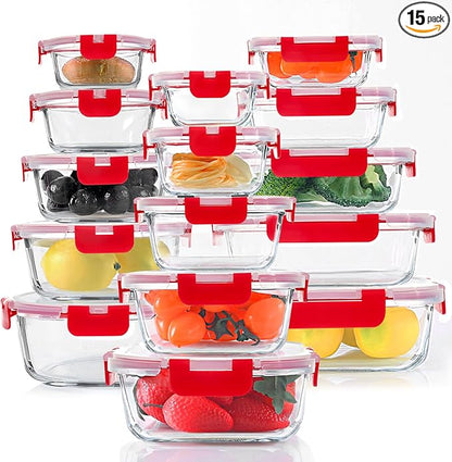 KOMUEE 30 Pieces Glass Food Storage Containers Set, Meal Prep Containers Set