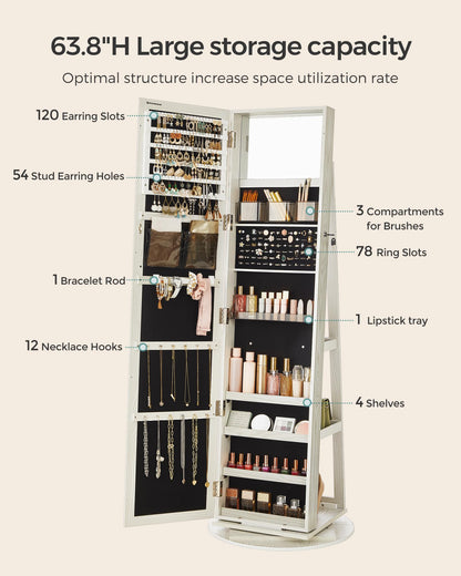 SONGMICS 360° Swivel Jewelry Cabinet, Lockable Jewelry Organizer with Full-Length Mirror, Rear Storage Shelves, Interior Mirror, Jewelry Armoire, Gift Idea, White with Gray Wood Grain UJJC006W01