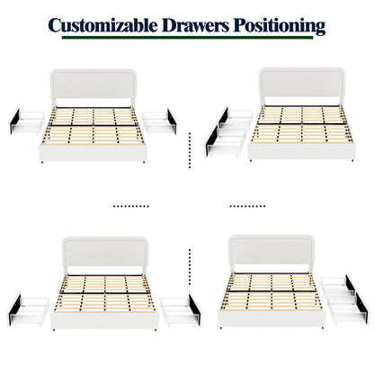 Ball & Cast Queen Size Bed Frame,Boucle Upholstered Platform Bed with Patented 2 Drawers Storage & Curved Stitched Headboard,Wooden Slats Support,No Box Spring Needed,Easy Assembly,Ivory