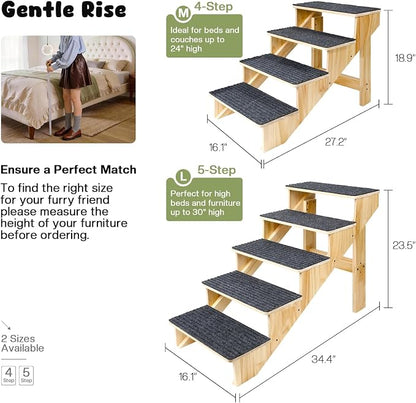 4-Step Dog Stairs for Large Dogs, Solid Wooden Dog Steps for Beds/Couch with Carpet, 24 Inches Anti-Slip Pet Stairs for High Beds, Ramp for Older/Senior Dogs, Pet Bed Stairs to Get on Bed/Sofa