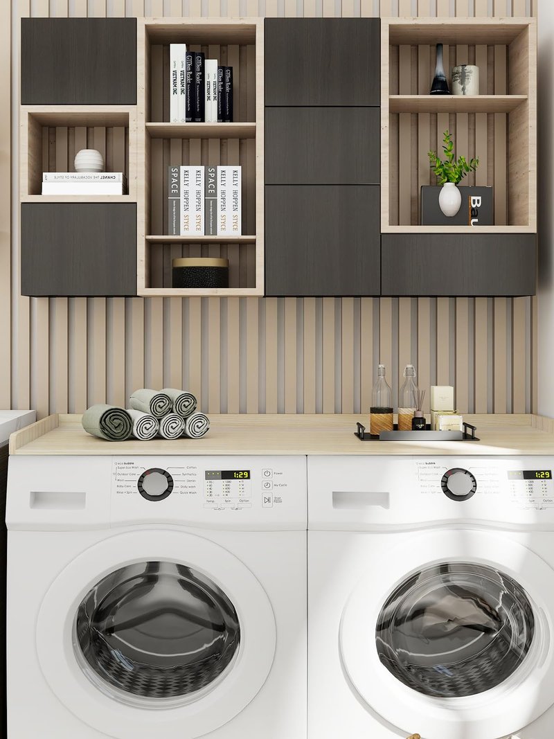 Toemics Washer Dryer Countertop, 27.5" x 54" Laundry Room Organization Shelf with Edge Rails for Washer and Dryer, Durable Melamine Finish, Non-Slip Pads, and 3 Laundry Bags, Oak