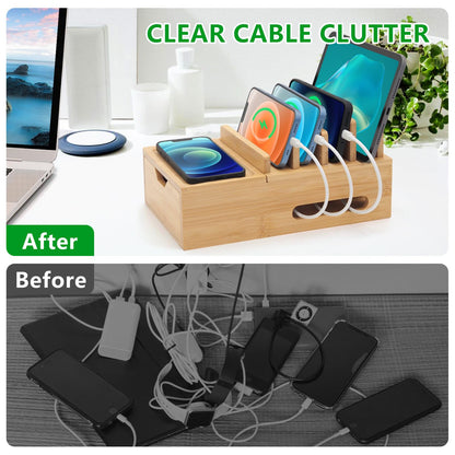 Bamboo Charging Station for Multiple Devices, Desk Charging Organizer with Drawer & Tray, Wood Docking Station Included 6 Cables, Compatible with iPhone Devices, Cell Phone, Tablet (No USB Charger)