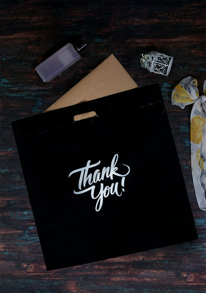 Infinite Pack Black 12"x15" (100pcs) Thank You plastic Merchandise Bags Die-Cut Handles, Perfect for Retail Shopping, Boutiques, Goodie bags, and Gift Packaging & Favors, 1.75 mil Reusable Plastic Bag