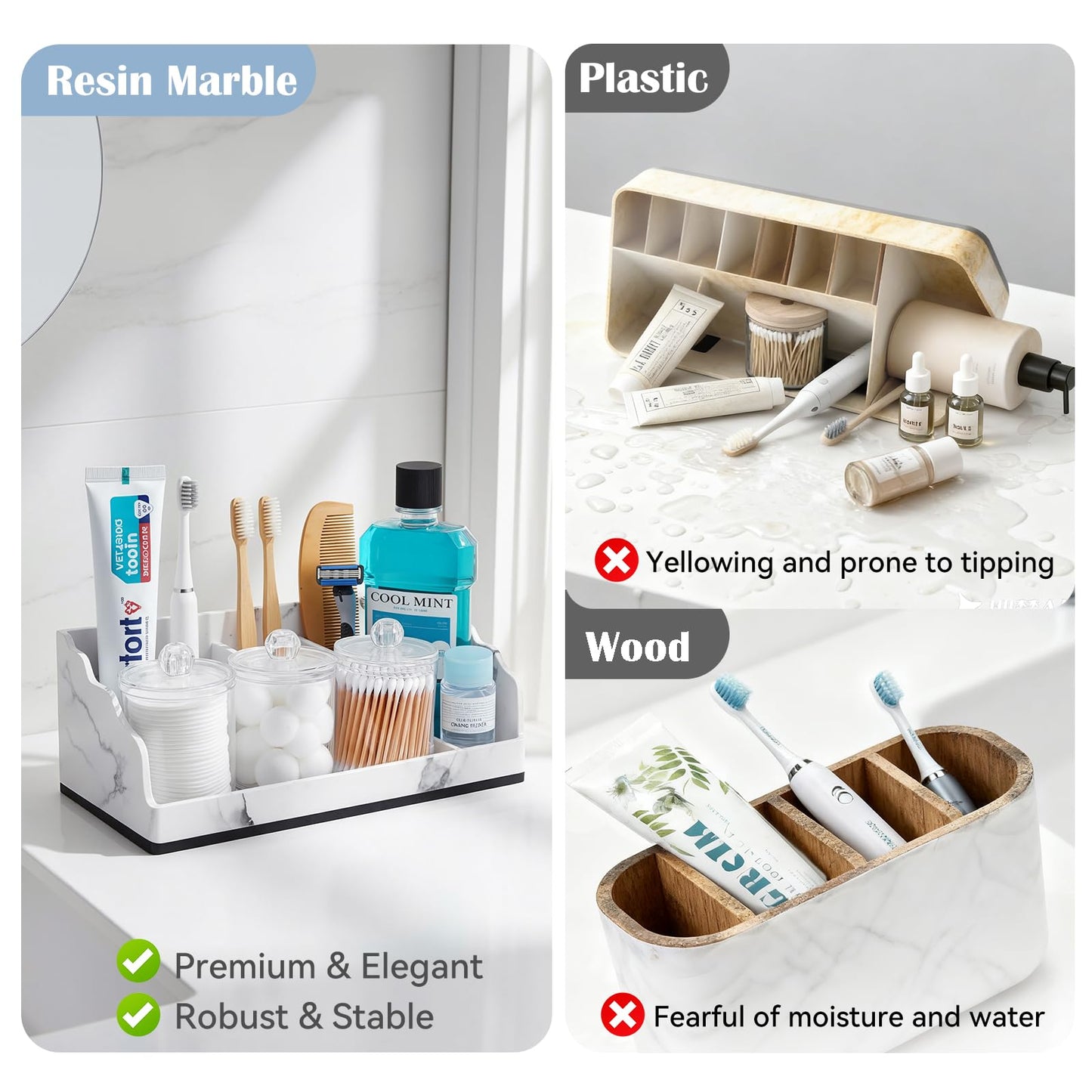 TuCao Bathroom Counter Organizer with 3PCS Qtip Holder, Marble Toothbrush Holders for Bathrooms, Bathroom Organizers and Storage with Drain Holes, Electric Toothbrush Holder, Vanity Organizer