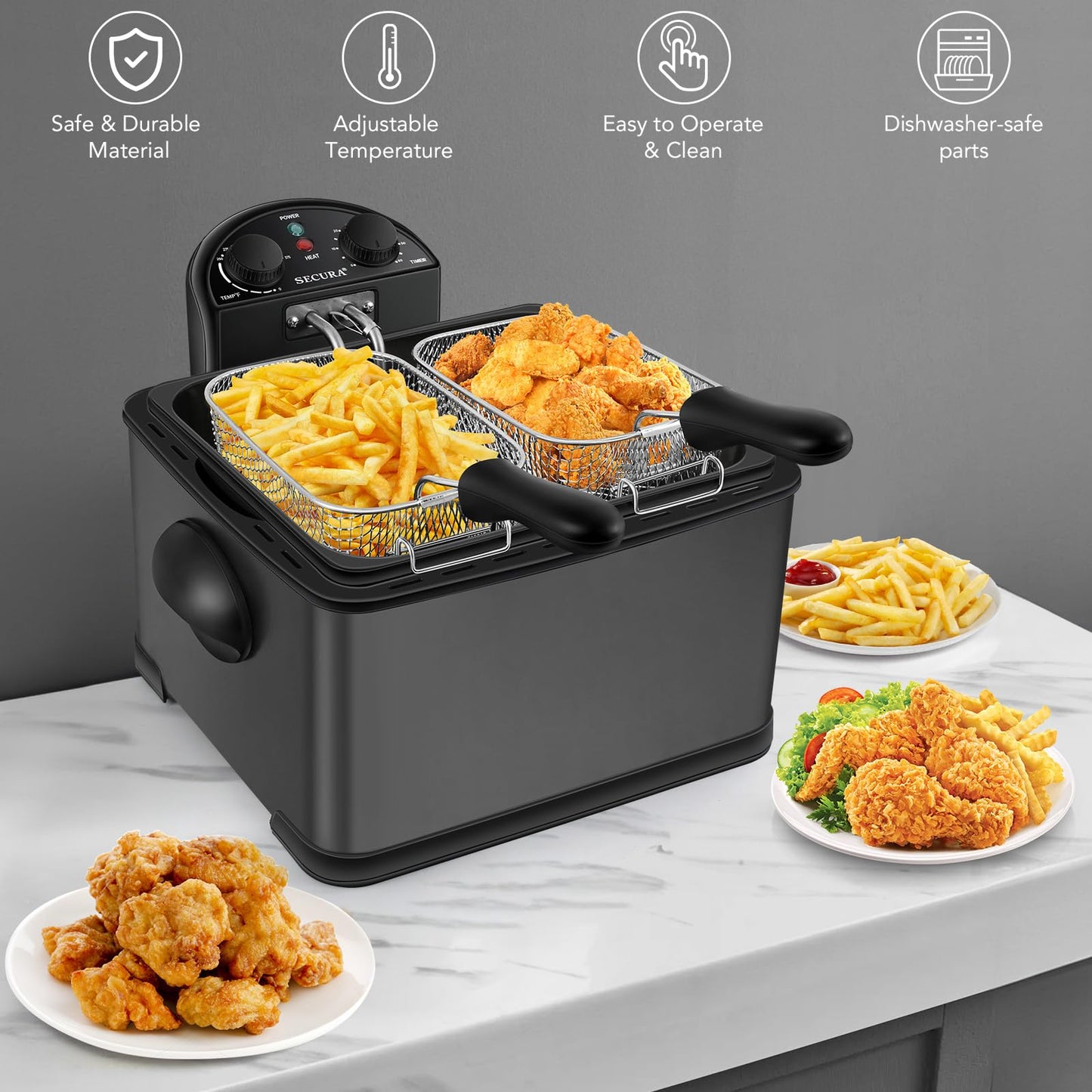 Secura 1700-Watt Stainless-Steel Triple Basket Electric Deep Fryer with Timer Free Extra Odor Filter, 4L/17-Cup, Red