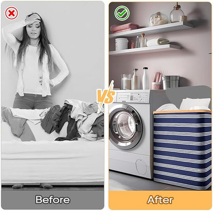 BALEINE Laundry Hamper with Lid, Tall Laundry Baskets with Bamboo Pull Handles