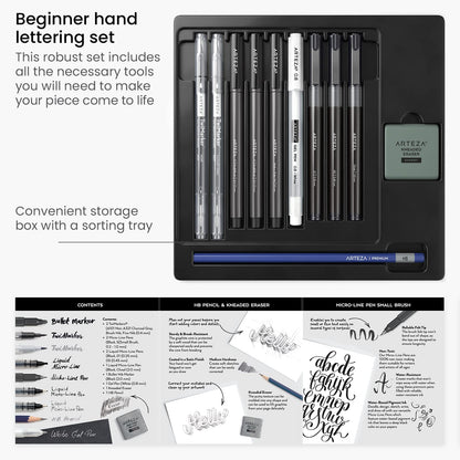 ARTEZA Hand Lettering Pens Set of 12 – Calligraphy and Brush Pens with Guidebook, Pencil, Eraser for Beginners Learning Hand Lettering and Decorative Writing