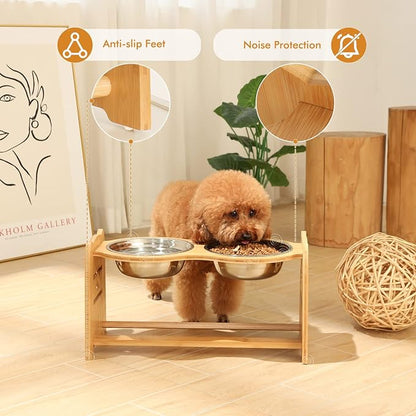 X-ZONE PET Elevated Dog Bowls for Cats and Dogs, Adjustable Bamboo Raised Dog Bowls for Large Dog, Food and Water Stand Feeder with 2 Stainless Steel Bowls Anti Slip Feet (Height 5.1" to 7.5" to 10")…
