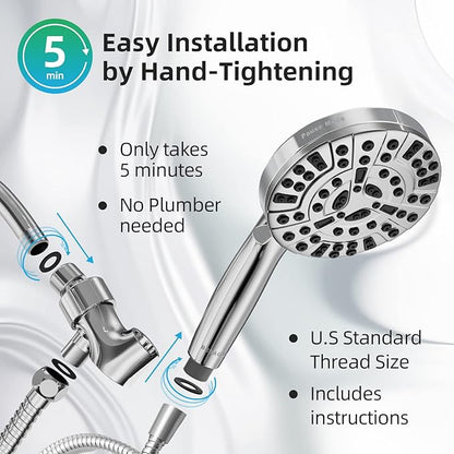 BESAQUO Shower Head,10 Functions High Pressure shower head with handheld, Built-in Pause Mode & Power Wash, Non-Clogging Nozzles High Flow Hand Held Shower Head, Leakproof 6ft Hose&Adjustable Bracket