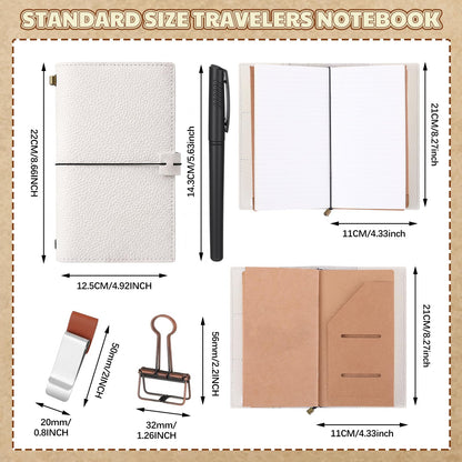 Eaasty Regular Size Travelers Refillable Leather Journal Notebook with Pocket 4.9"x8.6" Handmade Travel Diary for Men Women with 3 Notebook Inserts Kraft File Folder, Pen Holder and Binder Clip(White)