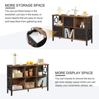 HOMISSUE 6 Cube Storage Organizer Shelf, Rustic Short Bookshelf with 3 Storage Bins, Industrial Horizontal Bookshelf with Metal Frame, Low and Wide Cube Bookcase for Living Room and Office, Brown